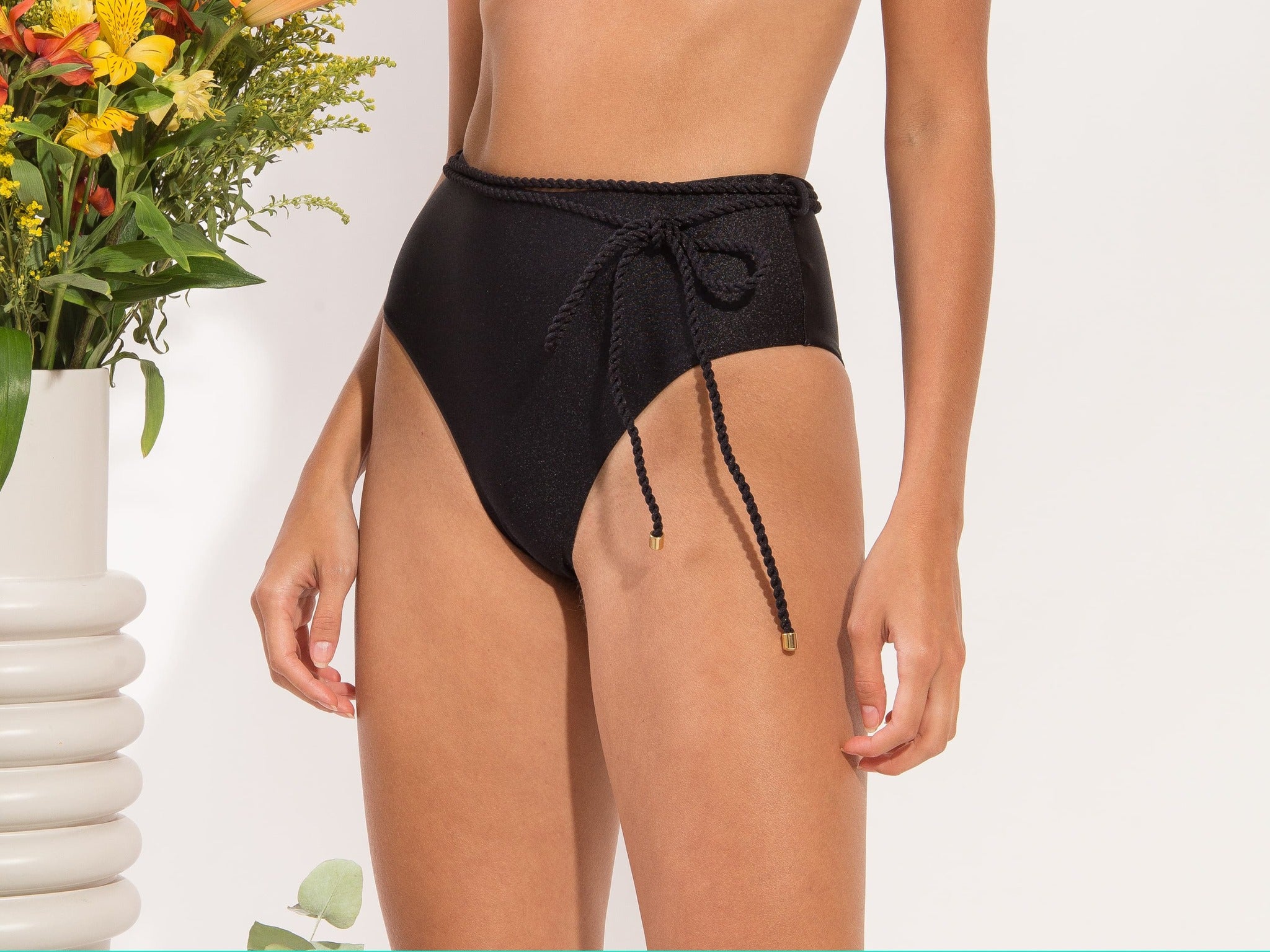 Image 12: Rio De Sol Bottom Bottom Shimmer-Black Belted-High-Waist