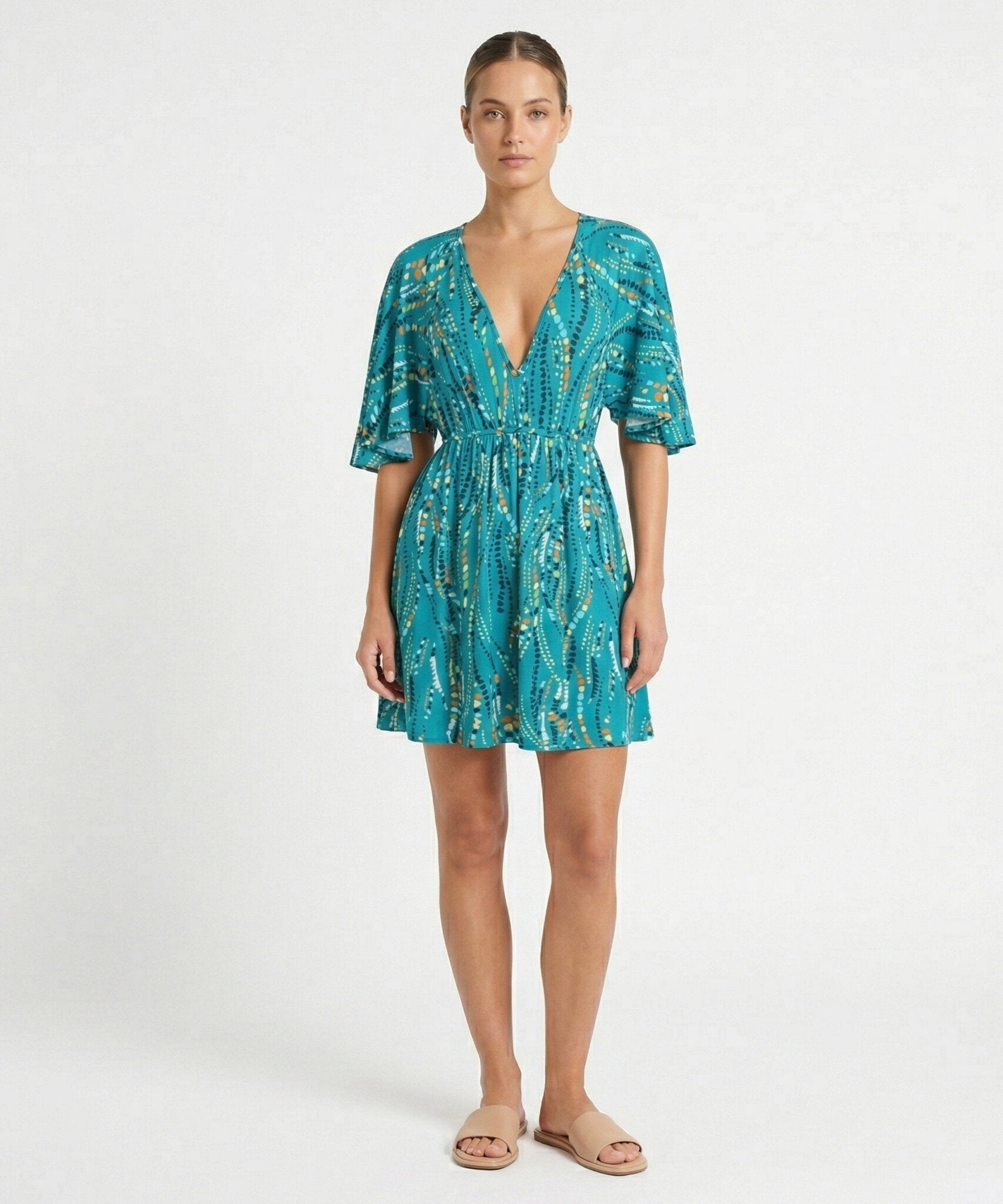 Model Front: Rio De Sol Mini Dress Rain Mini Dress