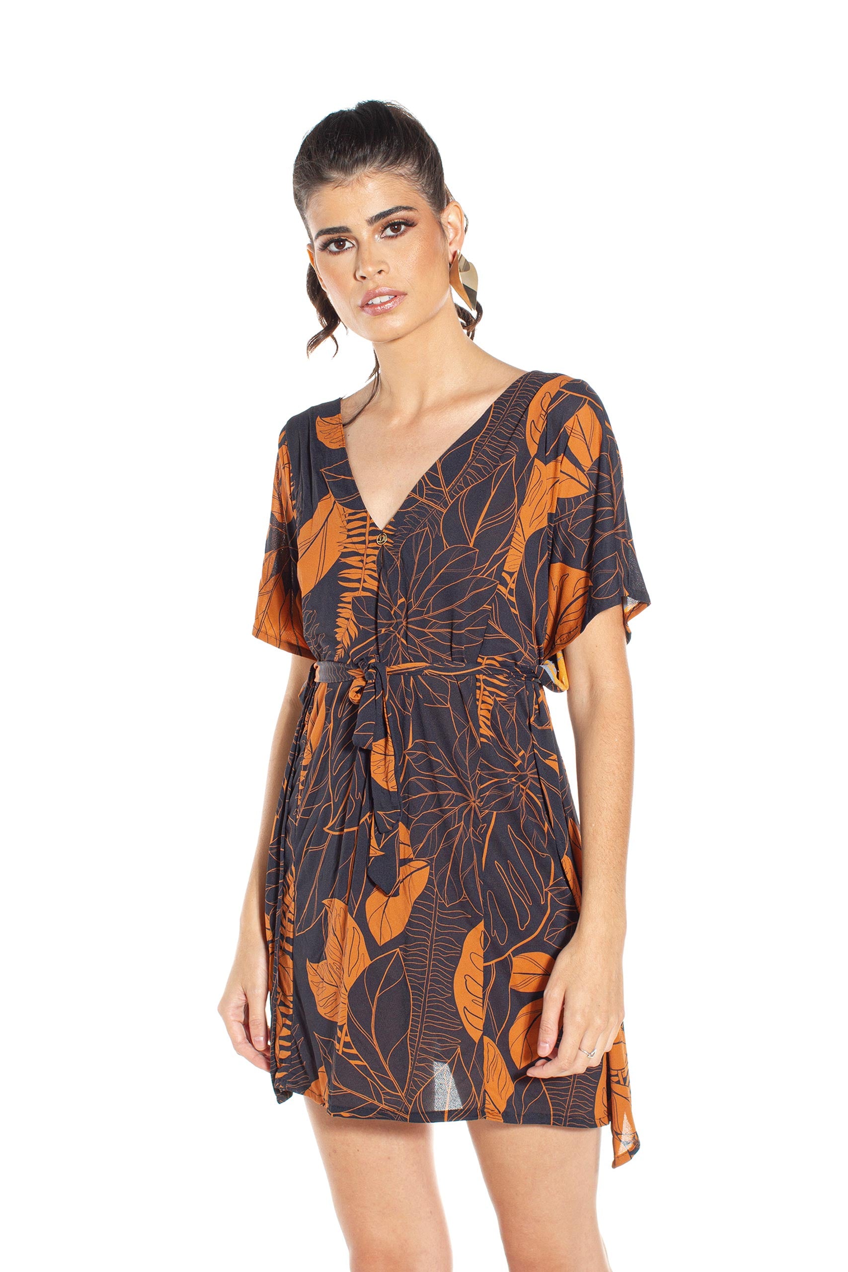 Kaftan Frente-Costas Crepe Folhagem Terra