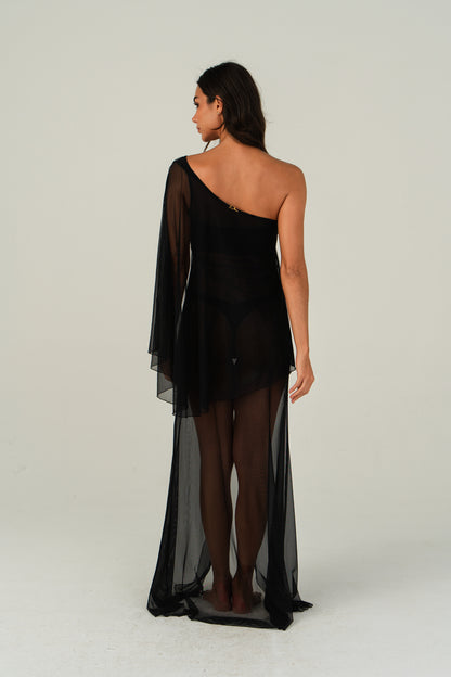 Model Back: Lua Morena Maxi Dresses Preto Transparent Dress