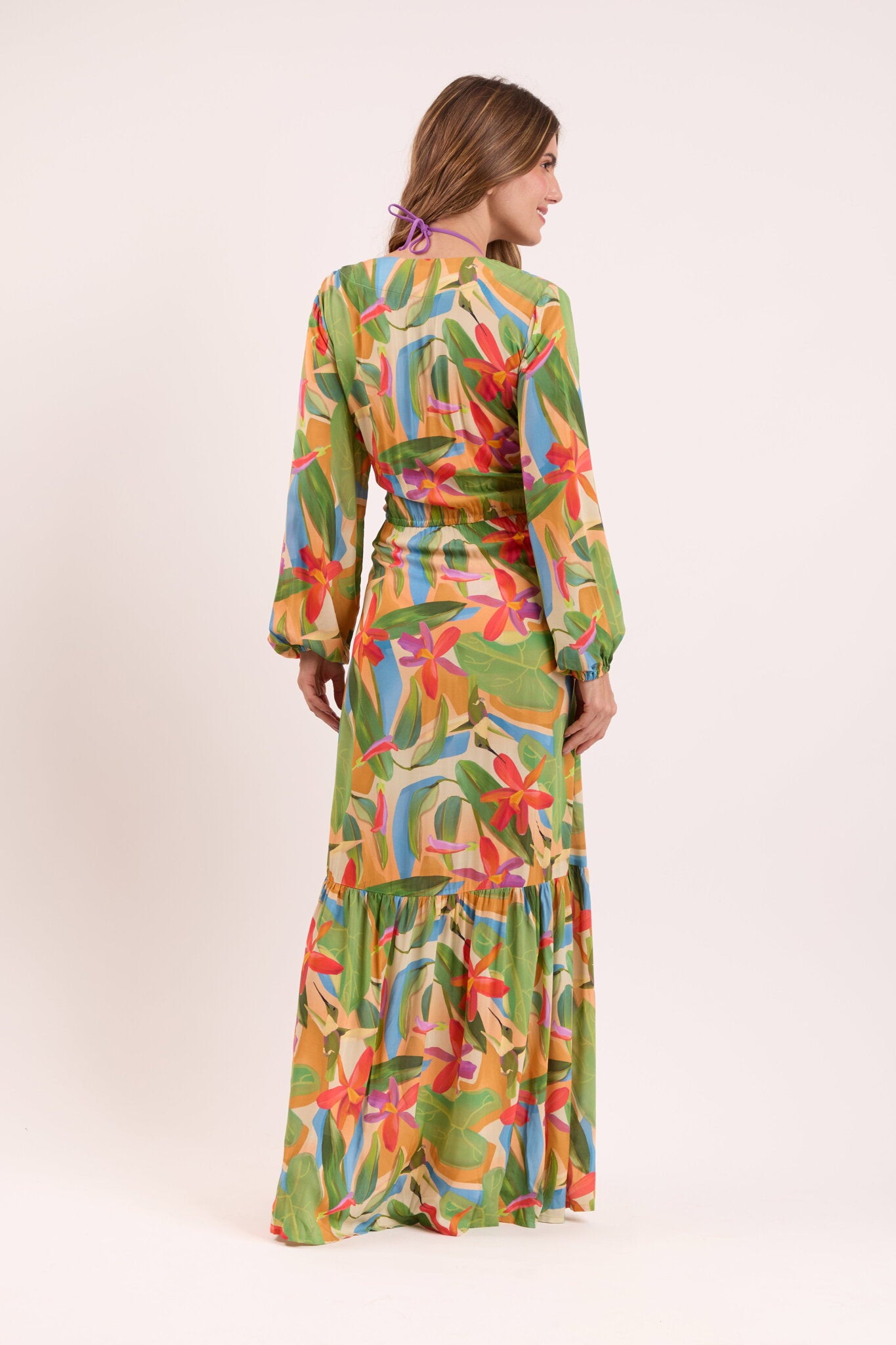 tropical long dresses Cap Sleeve Print Maxi Dress The Dress Outlet complemented by playful high slits and a flowy handkerchief hem Nathalia - Tropical Print Pleated