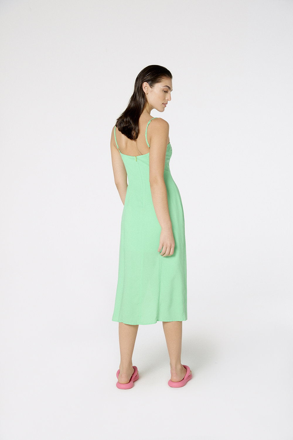 Model Back: Blueman Midi Dress Vestido Fenda Liso Color