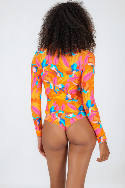 Model Back: Rio De Sol Top Top Orange-Bloom Rash-Guard