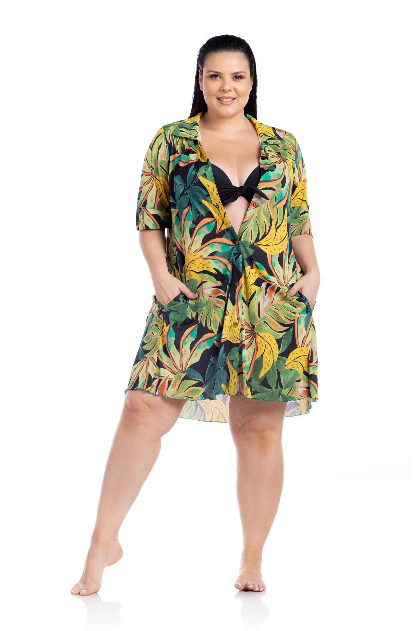 Model Front: La Playa Mini Dress Chemise Tropicool Preto