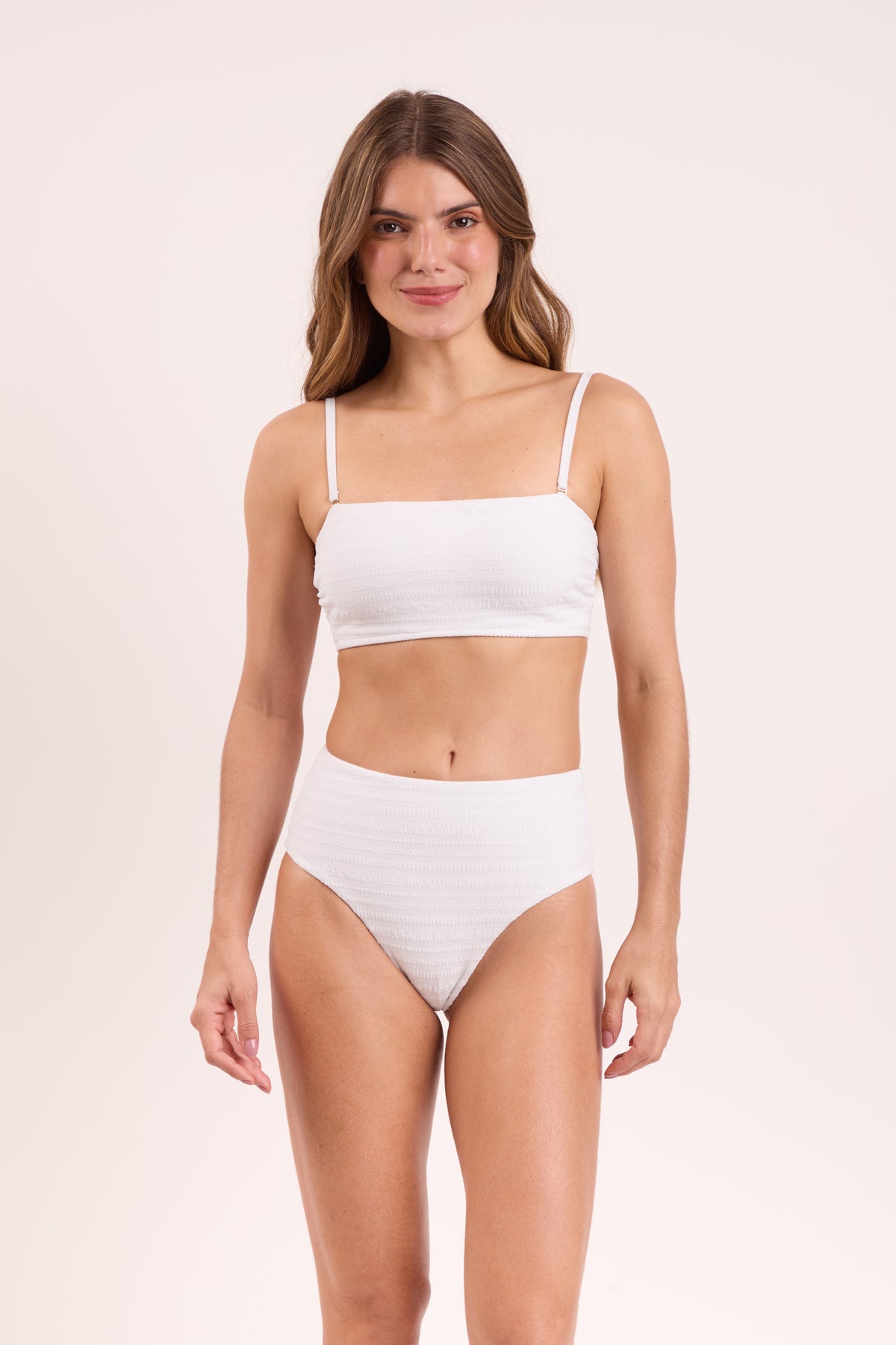 Model Front: Rio De Sol Two Piece Swimwear Set Memphis-White Bandeau-Reto Hotpants