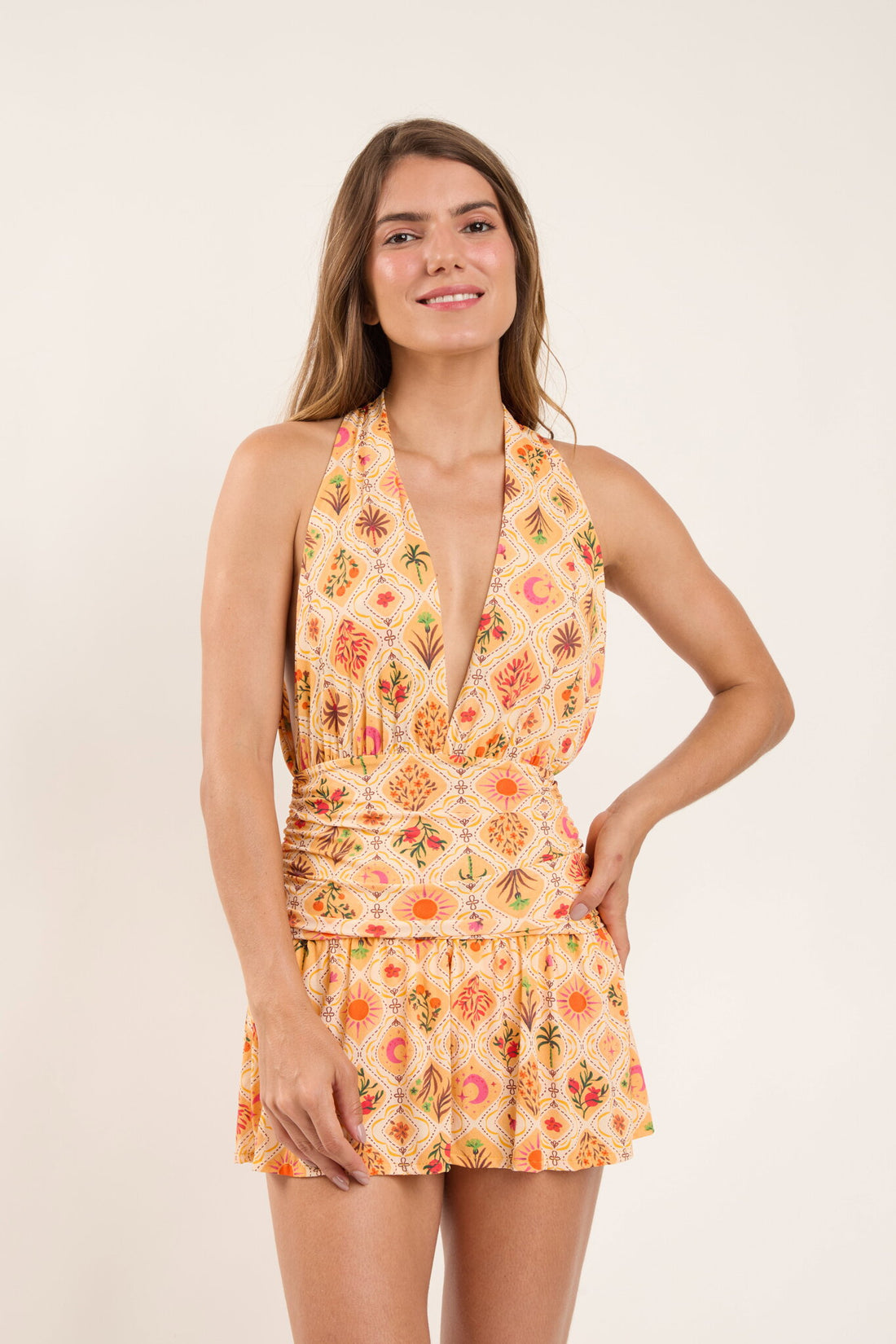 Model Front: Rio De Sol Mini Dress Mosaico Low Cut Dress