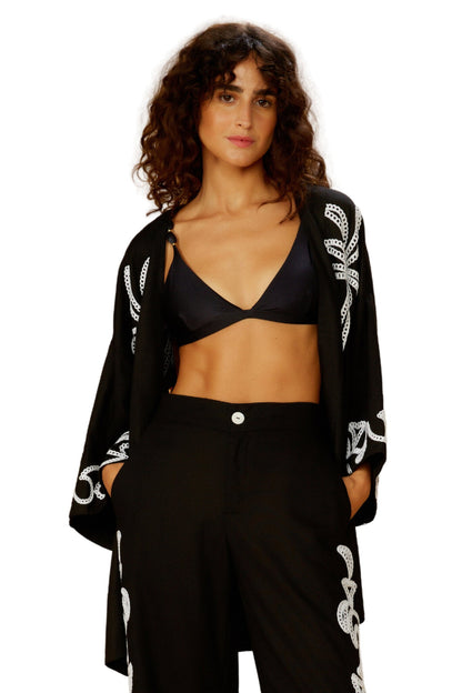 Gallery: Blueman Kaftans / Cover Ups Kimono Barrado Preto
