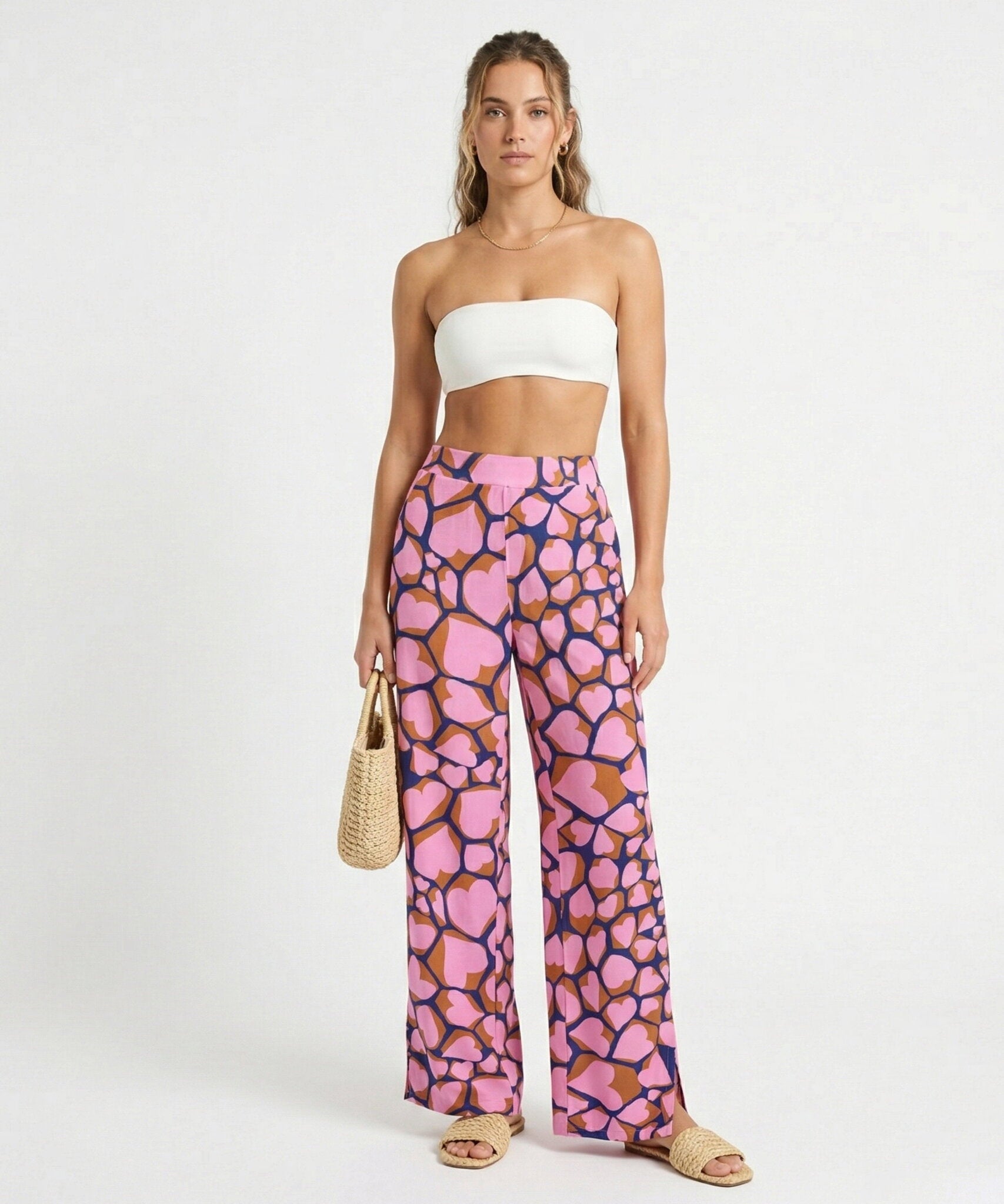 Model Front: Rio De Sol Beach Trousers Amore-Pink Wide Pants