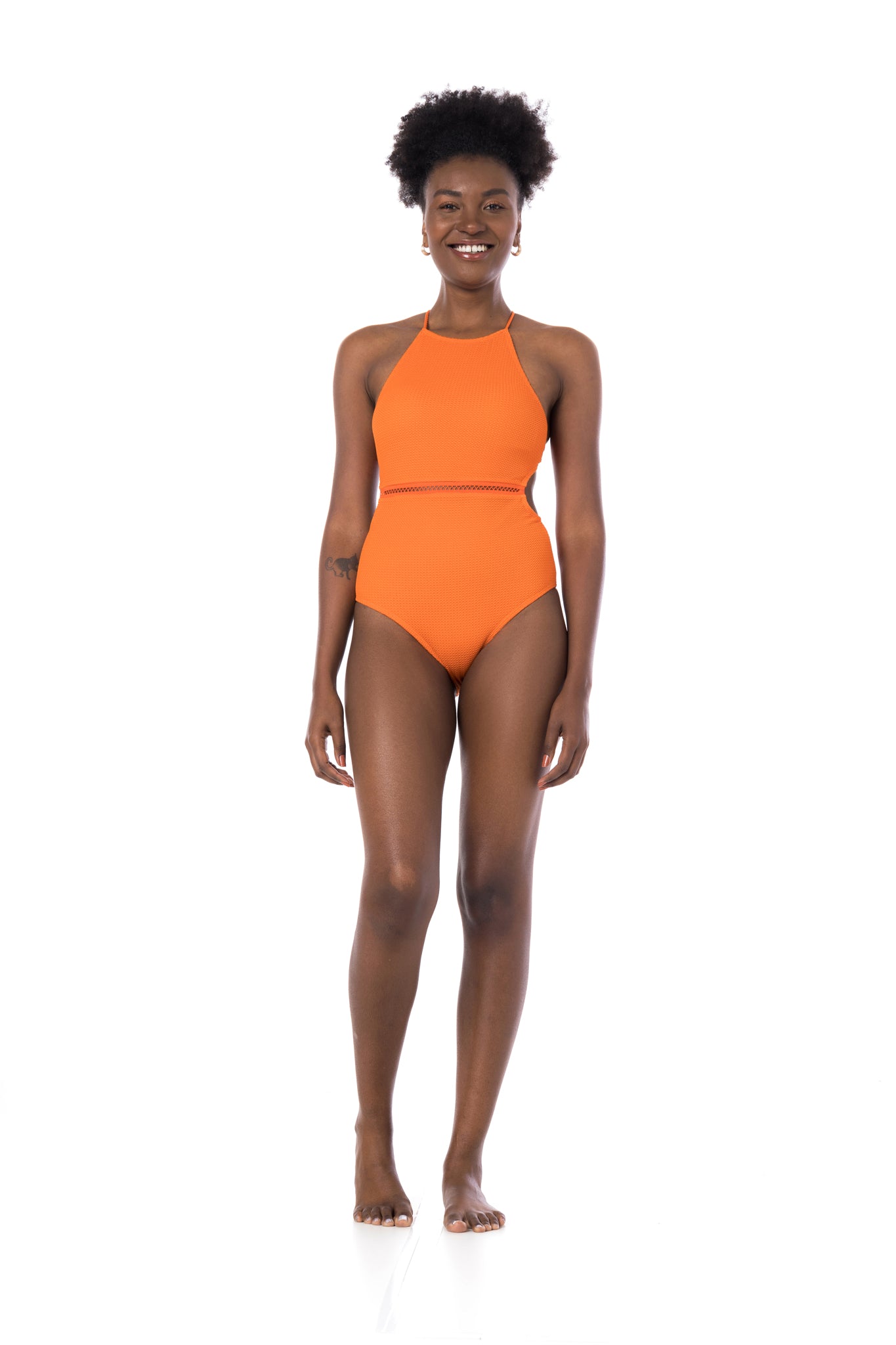 Model Front: La Playa One-Piece Textura Tangerina