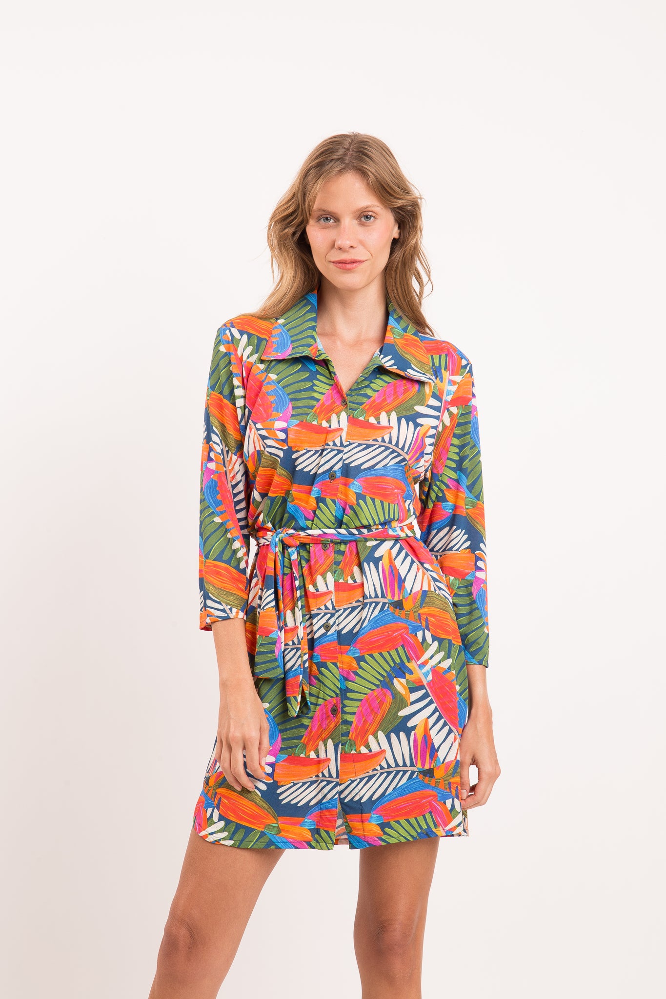 Model Front: Rio De Sol Shirtdress Jungle Chemise