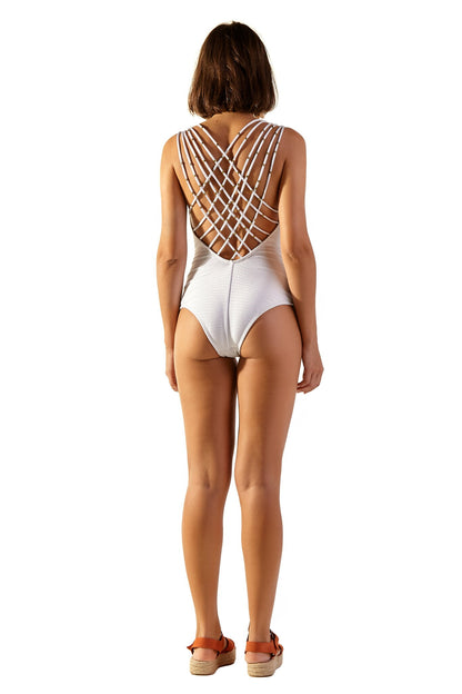 Model Back: Blueman One Piece Swimsuits Capri Off White