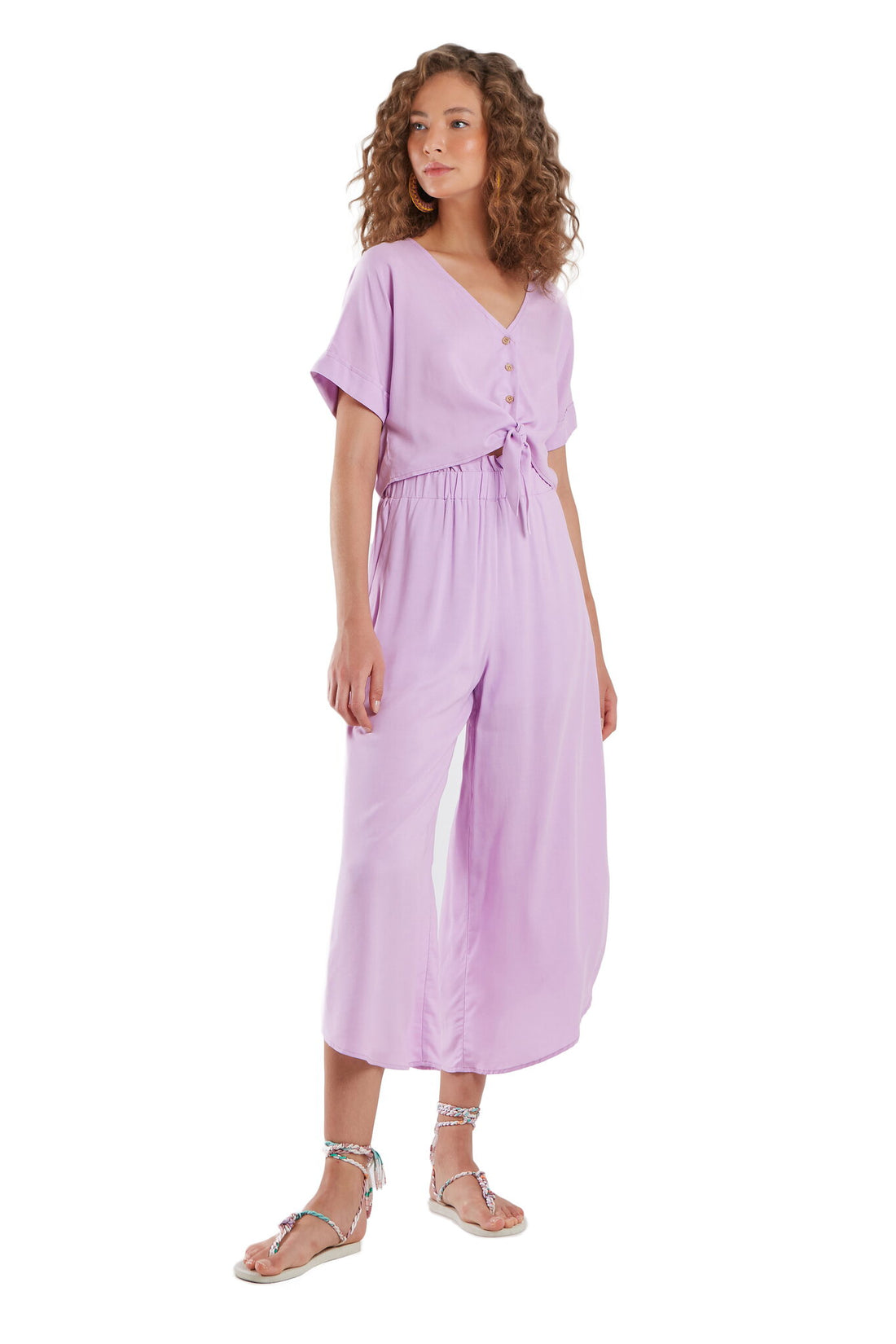 Model Front: Blueman Beach Tops Blusa Laco Botoes Liso Roxo