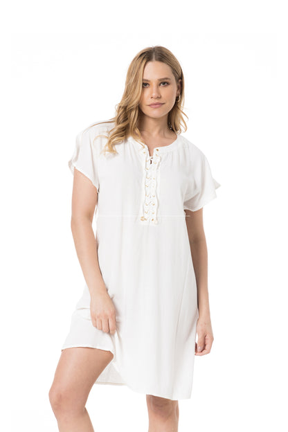 Model Front: Lua Morena Mini Dress Tunica Ilhos Off-White