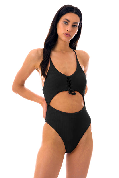 Model Front: Rio De Sol One-Piece Dots-Black Ivy Strap