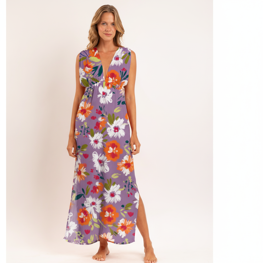 Model Front: Rio De Sol Beach Dresses Garden-Flower Long Dress Soleil