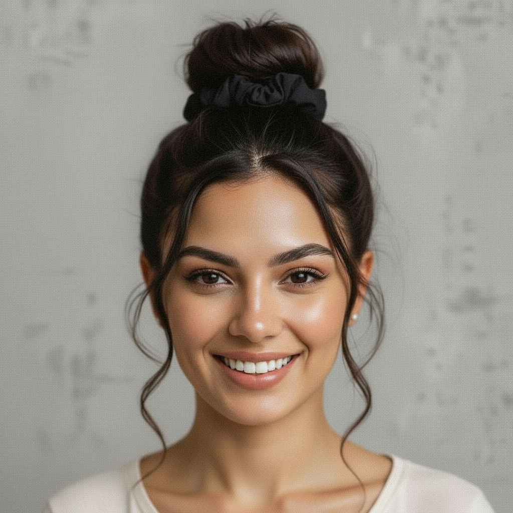 Model Front: Rio De Sol Hair Accessory Icon-Nero Scrunchie