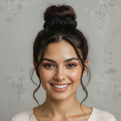 Model Front: Rio De Sol Hair Accessory Icon-Nero Scrunchie